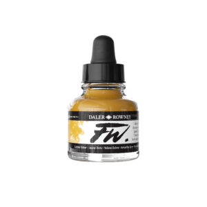 Daler‑Rowney FW Acrylic Ink Yellow Ochre 29,5 ml – pigmentbasert semiopak akrylblekk i dempet gulbrun.