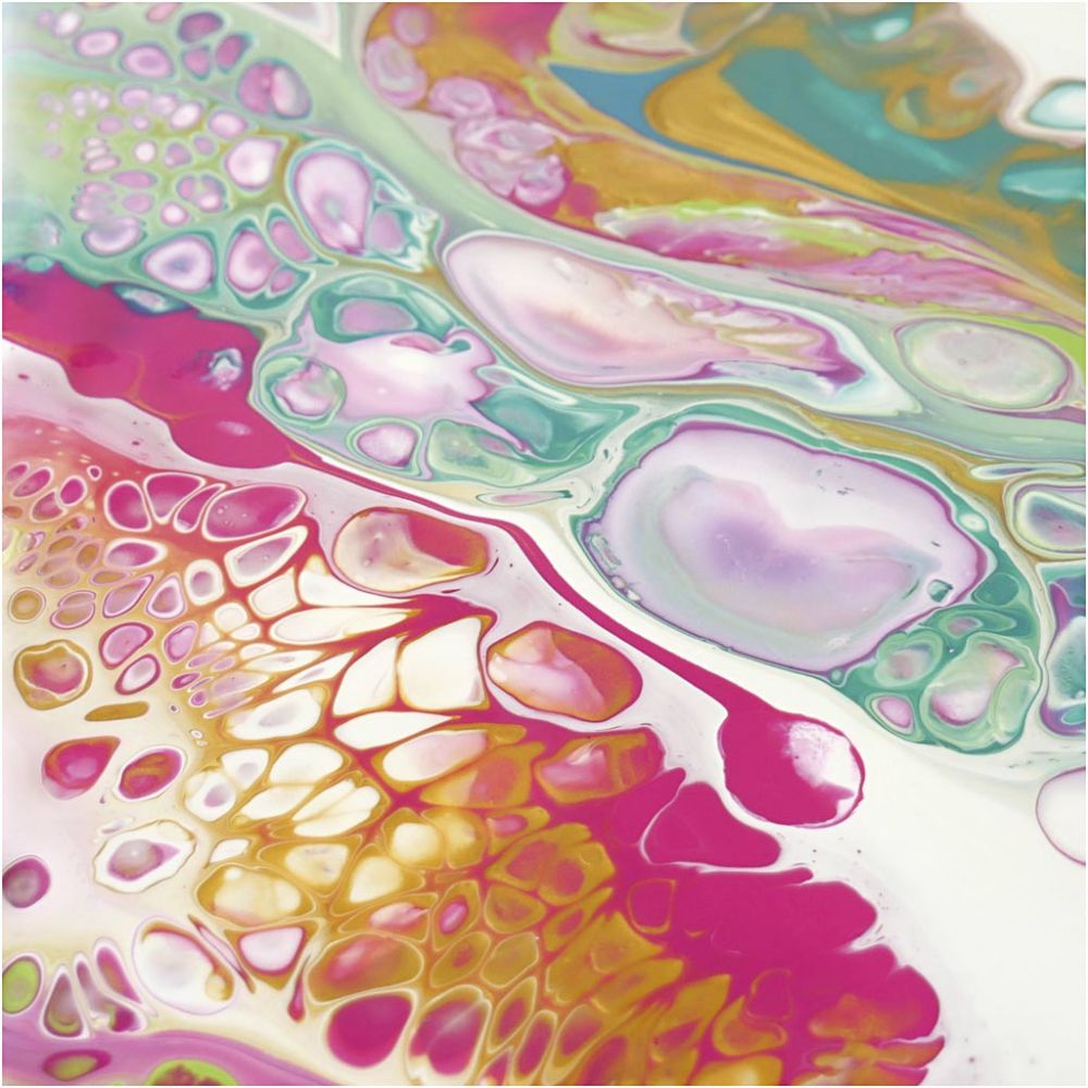 Acrylic pouring med silikonolje som lager celler og bobleeffekter i akrylmaling