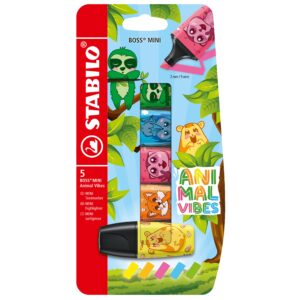 STABILO BOSS MINI Animal Vibes 5-pack neon highlightere med dyremotiv i kompakt emballasje
