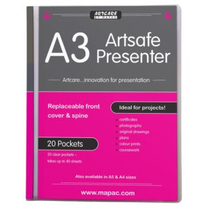 Mapac Artsafe Presenter A3 presentasjonsmappe med 20 gjennomsiktige plastlommer for kunst og dokumentoppbevaring.