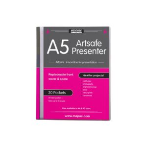 Mapac Artsafe Presenter A5 presentasjonsmappe med 20 gjennomsiktige plastlommer for oppbevaring av kunstverk og dokumenter.
