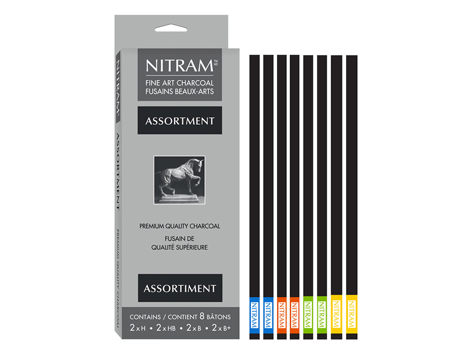 Nitram Charcoal Assortment kunstkullsett med 8 stifter i hardheter H HB B og B+ for tegning og skisser