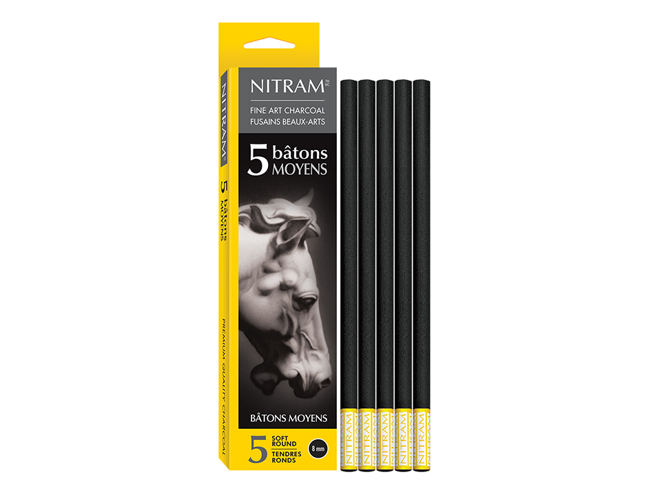 Nitram Petits Bâtons 8mm HB rundt kunstnerkull med 5 medium harde kullstifter til skisser og tegning