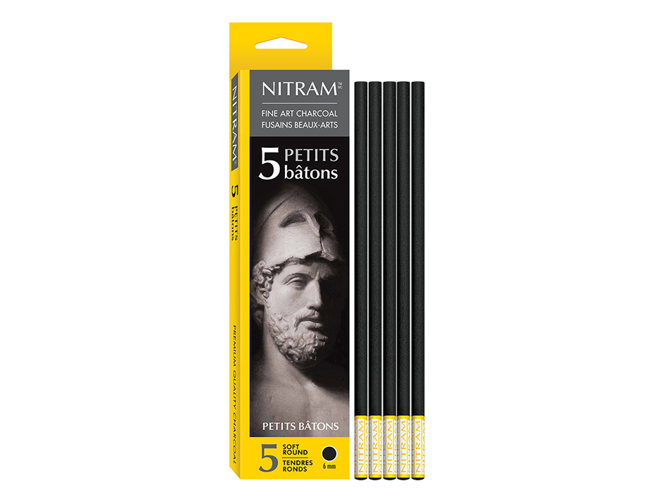 Nitram Petits Bâtons 6mm ekstra mykt rundt kunstnerkull med 5 kullstifter til figurtegning og skisser