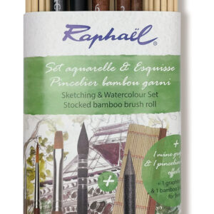 Raphaël Bamboo Brush Roll med 5-delt akvarellsett inkludert pensler og grafittblyant.